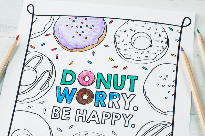 Free Download | Donut Worry Be Happy Coloring Sheet & Donut Birthday Party Favors