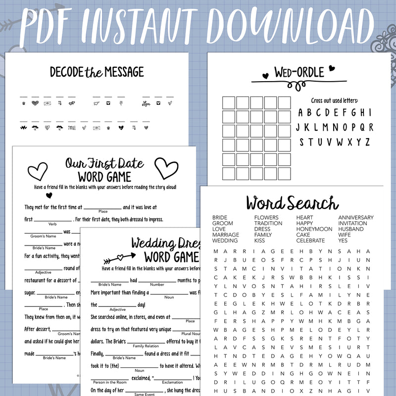 Wedding Word Games including MadLibs® and Wordle™ games PDF Download, 5 Games included!