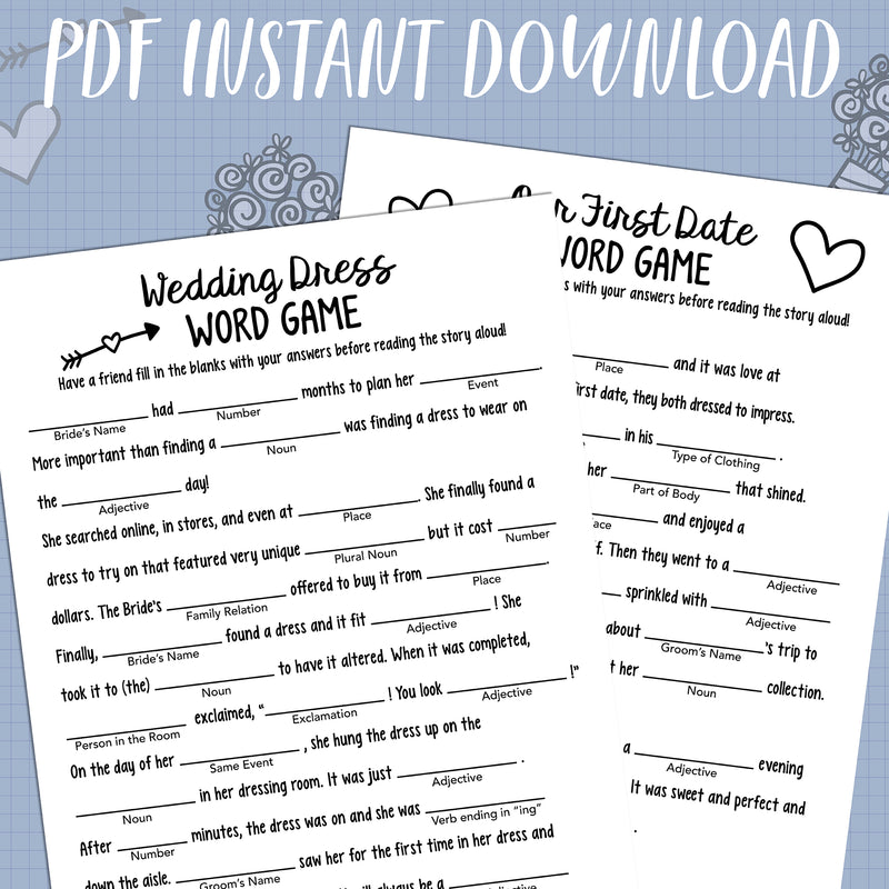 Two Wedding MadLibs® Downloadable PDF Sheets, Print Yourself, Instant Download PDF files