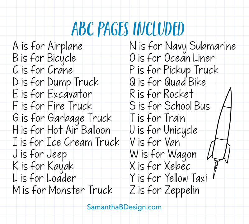 ABC Book Transportation Things that Go - Printable PDF Download | 5x7" Final Size