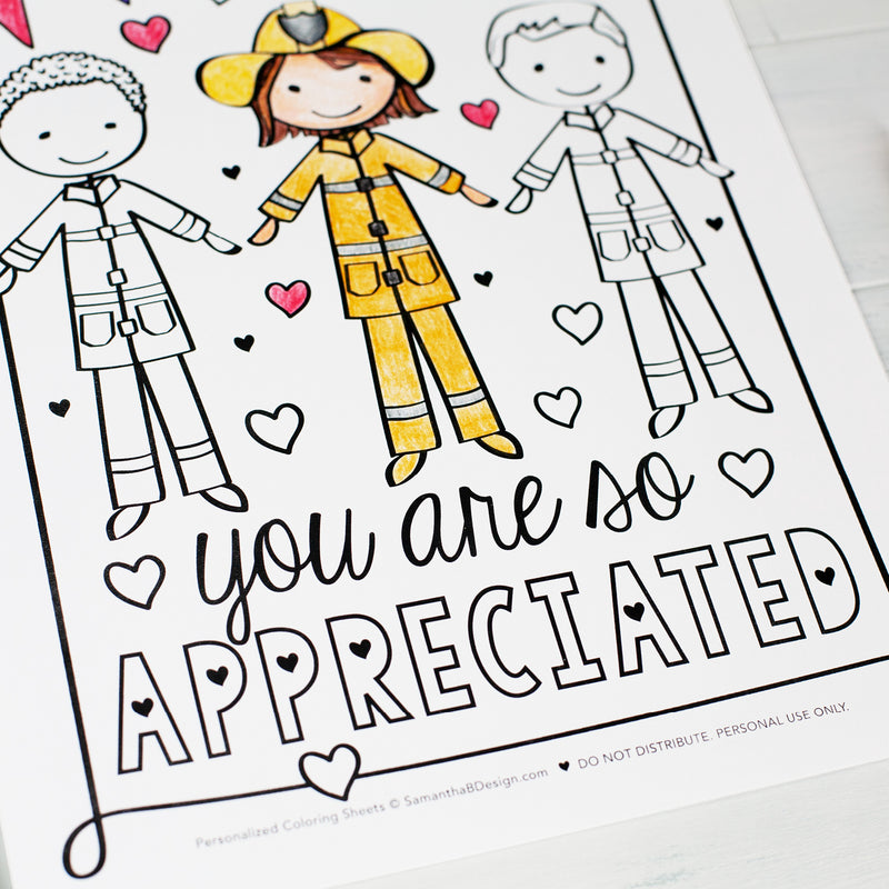 Community Helper & First Responders Thank You Coloring Sheets