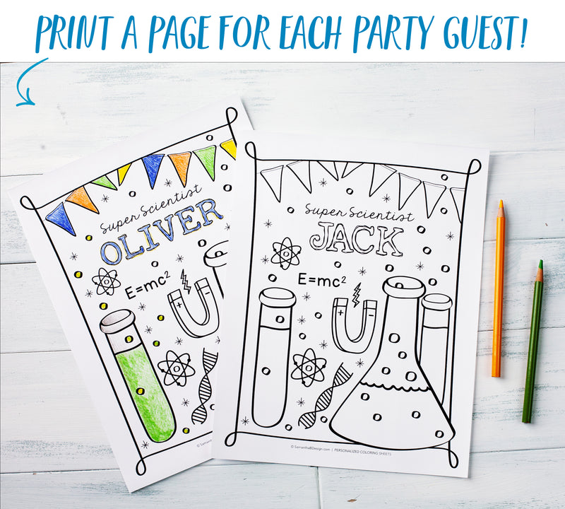 Super Science Birthday Party Printable Coloring Sheet Designs (Personalized!)